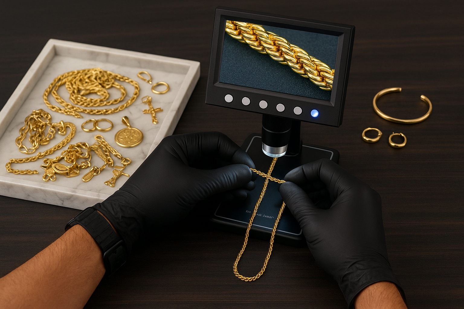 Avaliação profissional de ouro com equipamento especializado