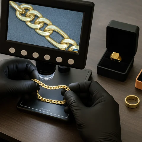 Análise profissional de corrente de ouro com equipamento especializado