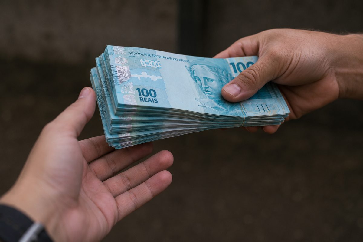 Mão entregando notas de cem reais — pagamento imediato