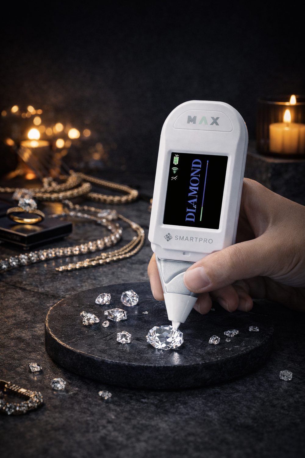 Equipamento profissional SmartPro testando e confirmando a autenticidade de um diamante
